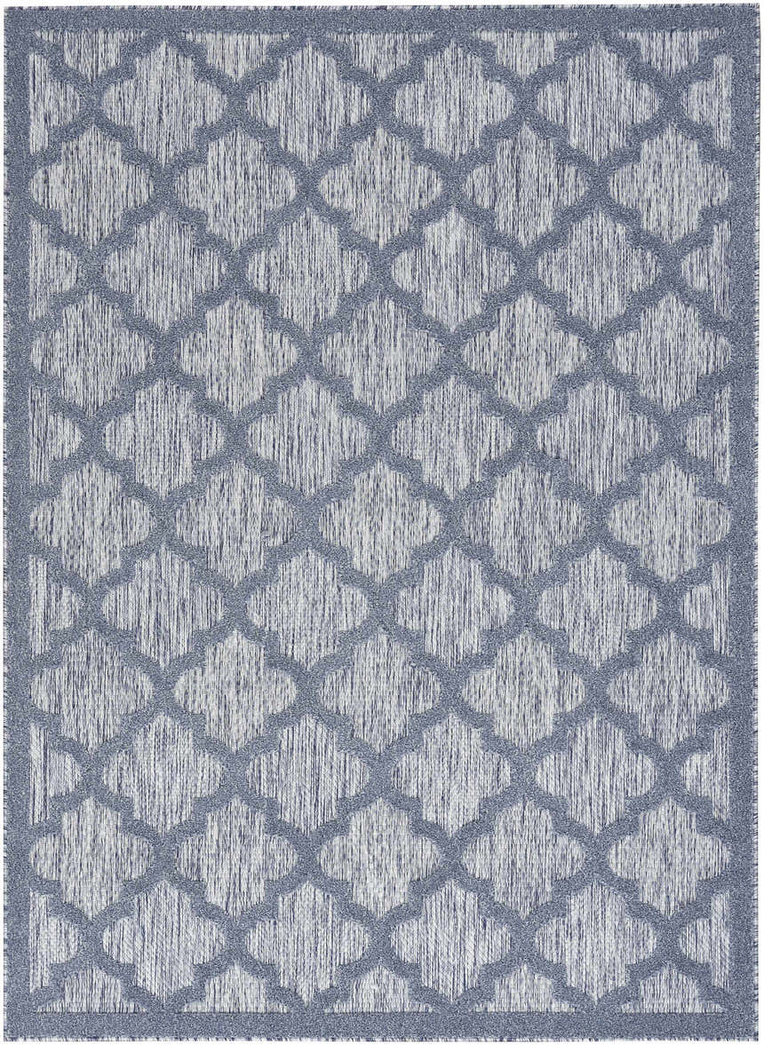 Close-up of the Nourison Easy Care Denim Blue Modern Area Rug featuring a geometric trellis pattern.
