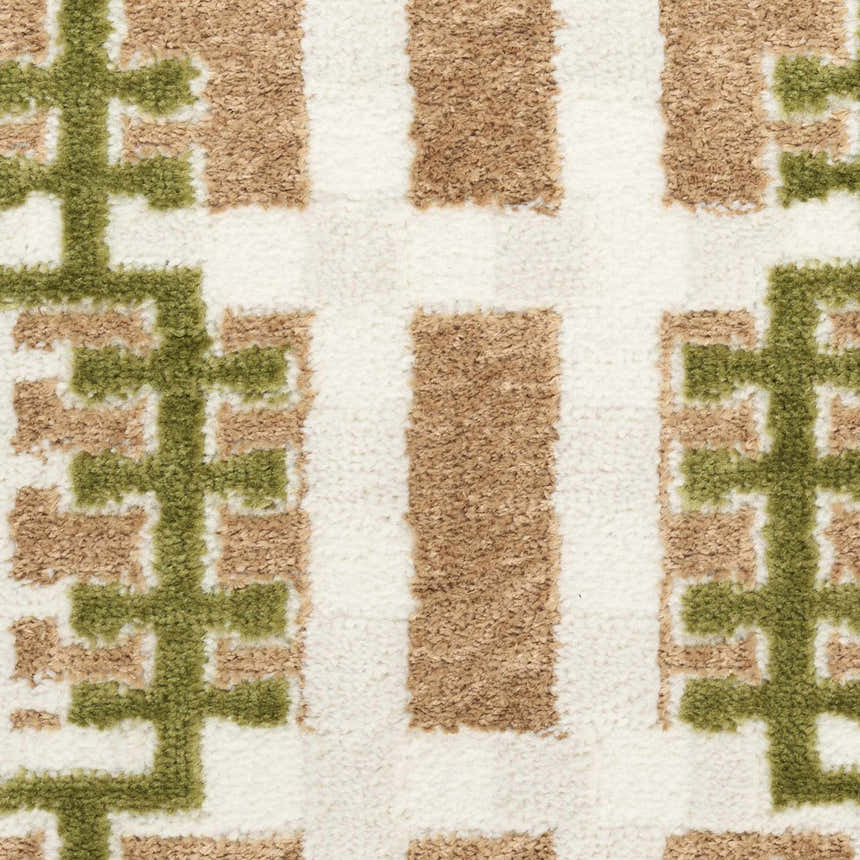 Close-up of Nourison Nordic Multicolor Rug. Modern design with green, tan, and white geometric pattern. Pile texture.