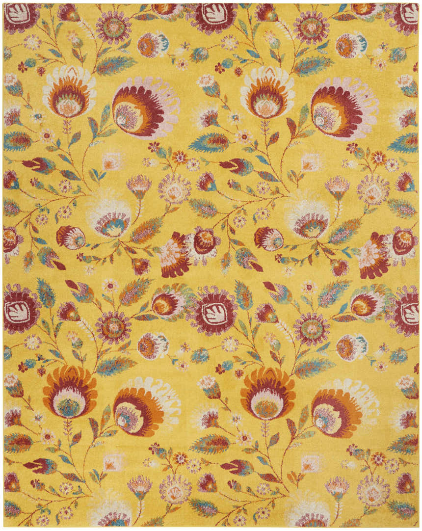 Close-up of Nourison Allur Yellow Multicolor rug featuring a detailed floral pattern and farmhouse style.