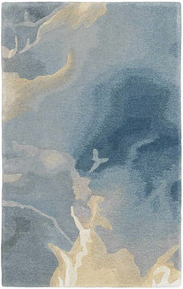 Close-up of the Nourison Prismatic Blue Multicolor rug. Abstract design with blue, gray, and gold tones. Handmade wool and luxcelle texture.