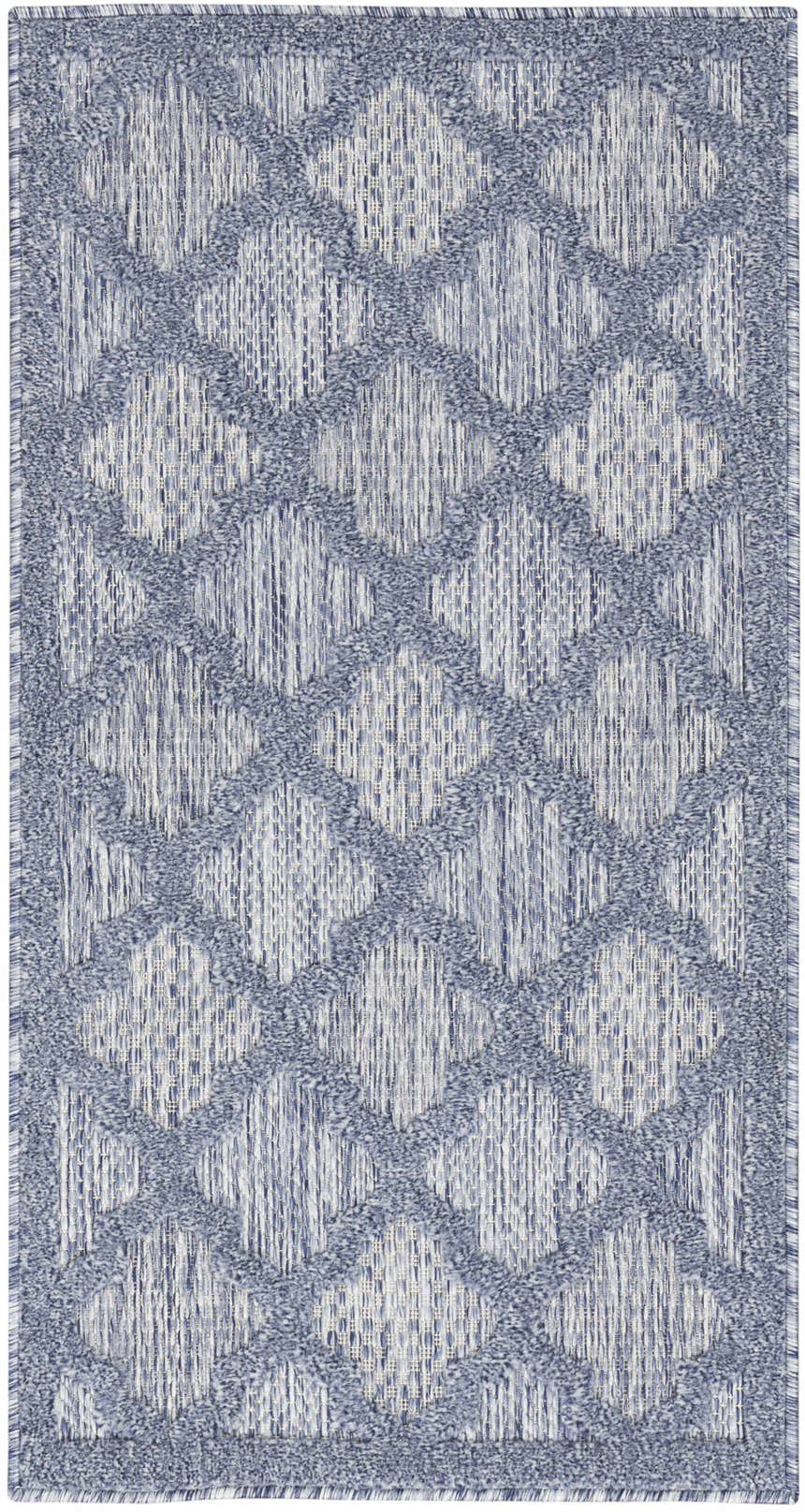 Close-up of Nourison Easy Care Denim Blue Modern Area Rug with a geometric trellis pattern.