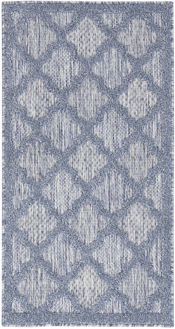 Close-up of Nourison Easy Care Denim Blue Modern Area Rug with a geometric trellis pattern.