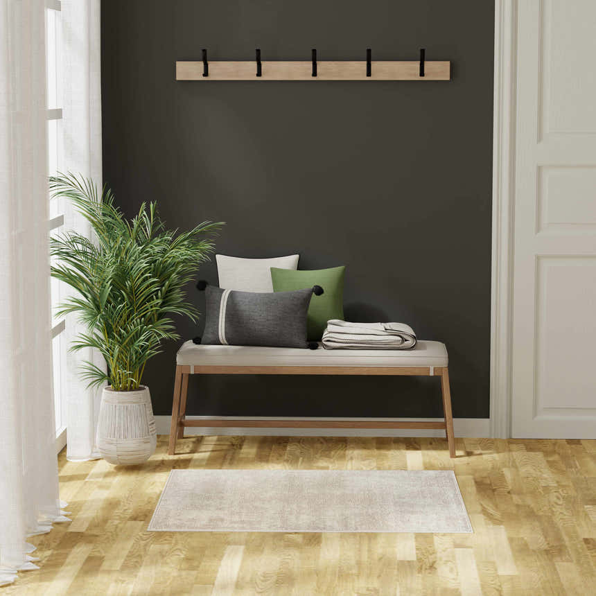 Entryway with a Nourison Serenity Home Ivory rug, bench with pillows, plant, coat rack, dark walls, and light wood floors.