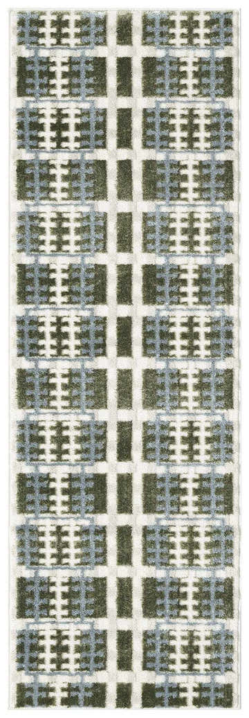 Close-up of Nourison Nordic Blue Green rug. Modern design with blue, green, and white plaid pattern.