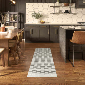 Scandinavian kitchen with wood floors and Nourison Nordic ivory black runner rug.