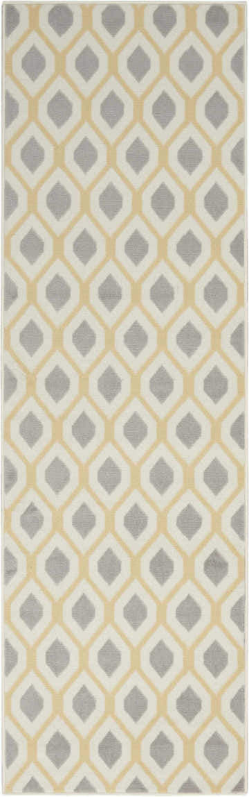 Close-up of Nourison Grafix White Contemporary Rug featuring a geometric diamond pattern in off-white, gray, and gold.