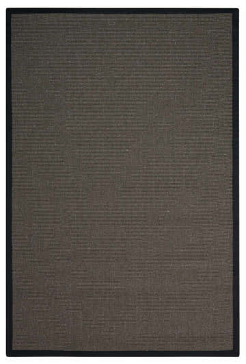 Close-up of the Michael Amini Brilliance Charcoal rug. Taupe sisal with subtle shimmer and a sleek black polyester border.