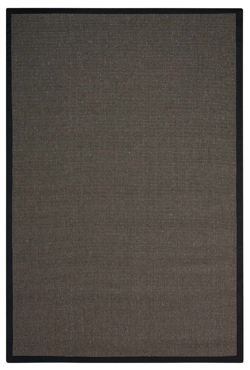 Close-up of the Michael Amini Brilliance Charcoal rug. Taupe sisal with subtle shimmer and a sleek black polyester border.