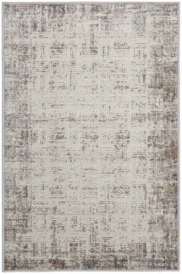 Close-up of the Nourison Elation Ivory Grey area rug. High pile rug with chestnut, grey, and ivory tones in a modern, abstract pattern.