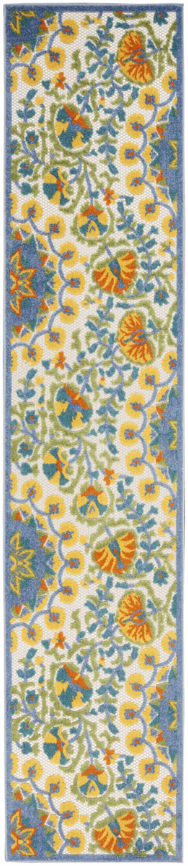 Close-up of Nourison Aloha Multicolor rug, featuring a floral pattern in yellow, blue, green, and orange on an ivory background.