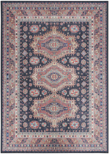 Detailed navy Nourison Vintage Home rug. Bohemian style with red, blue, and beige geometric patterns and border.