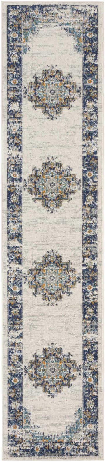 Close-up of Nourison Passion Ivory Grey Blue Vintage rug. Runner with chestnut, blue, and ivory distressed floral medallions.