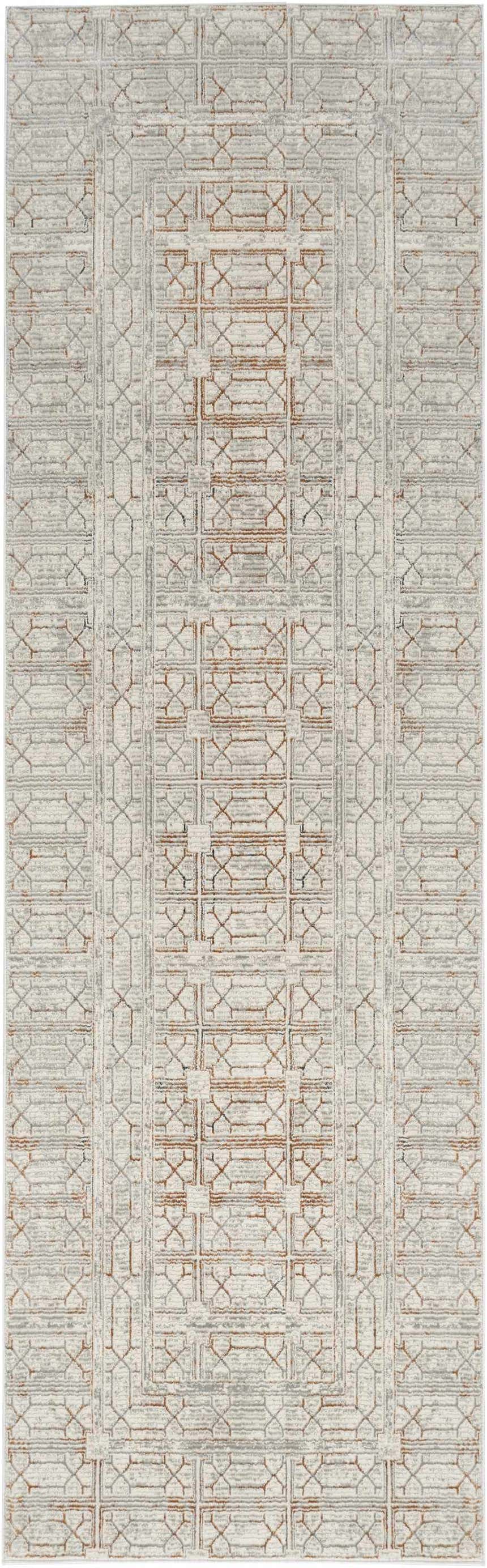 Close-up of Nourison Desire Ivory Beige rug featuring a geometric chestnut and gray pattern.