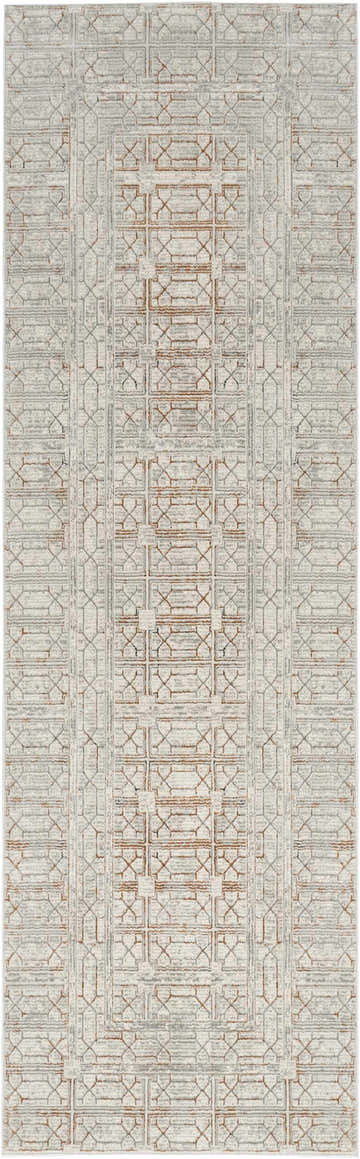 Close-up of Nourison Desire Ivory Beige rug featuring a geometric chestnut and gray pattern.