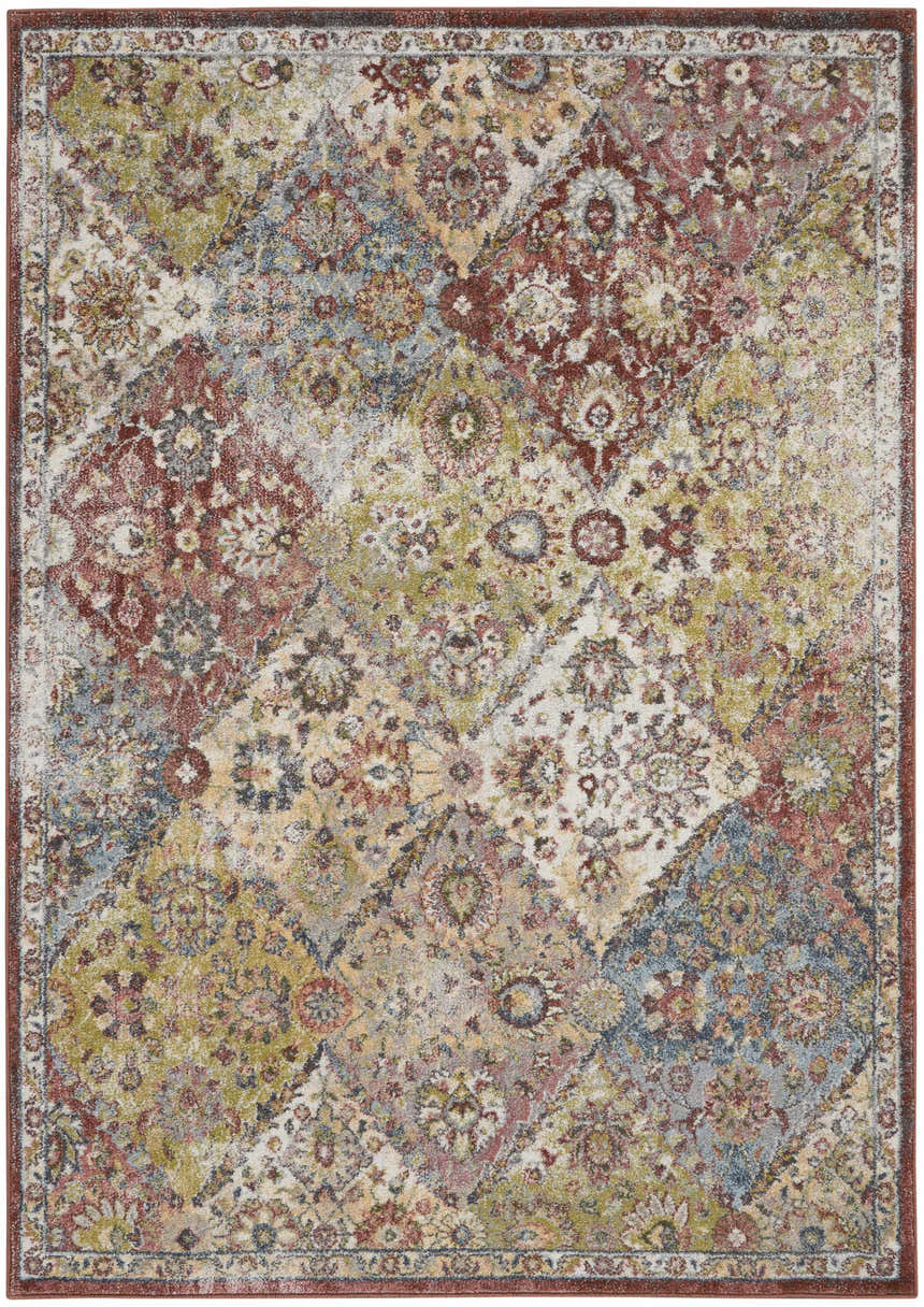 Close-up of Nourison Soraya Terracotta Multicolor rug, featuring a colorful, patterned design with terracotta, blue, and green hues.