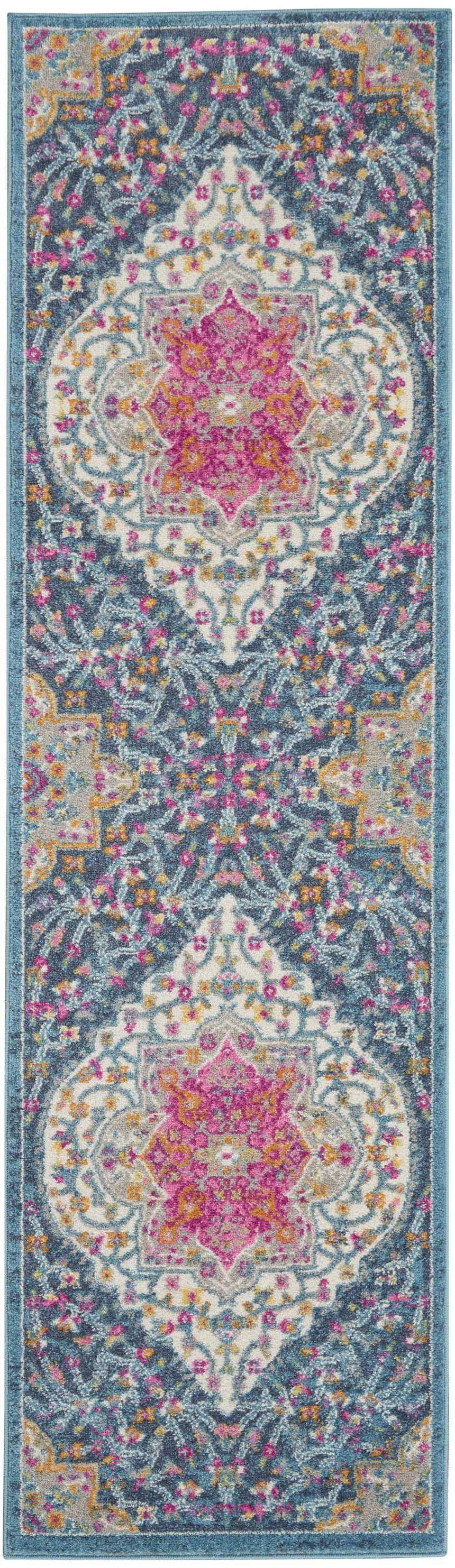 Close-up of Nourison Passion Multicolor Farmhouse rug featuring floral medallion design in pink, blue, gold, and ivory.
