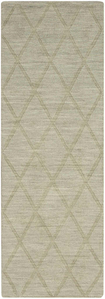 Close-up of the Nourison Wool Haven Sage rug. Muted sage rug with a subtle diamond pattern and plush pile texture.