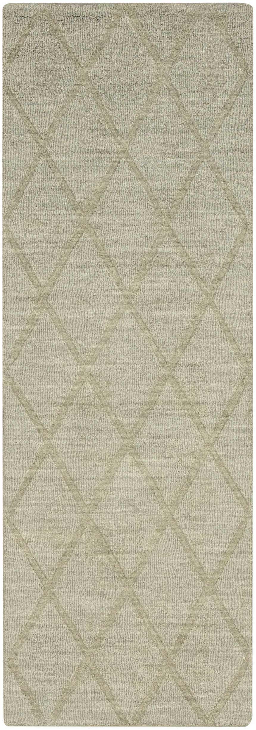 Close-up of the Nourison Wool Haven Sage rug. Muted sage rug with a subtle diamond pattern and plush pile texture.