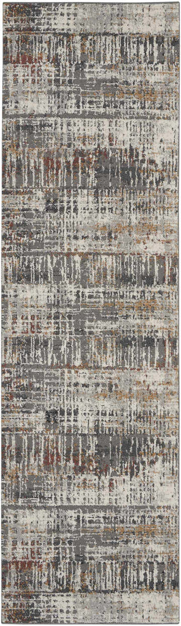 Close-up of the Nourison Tangra Multicolor rug showing its abstract, mid-century modern design and gray, white, and rust colors.