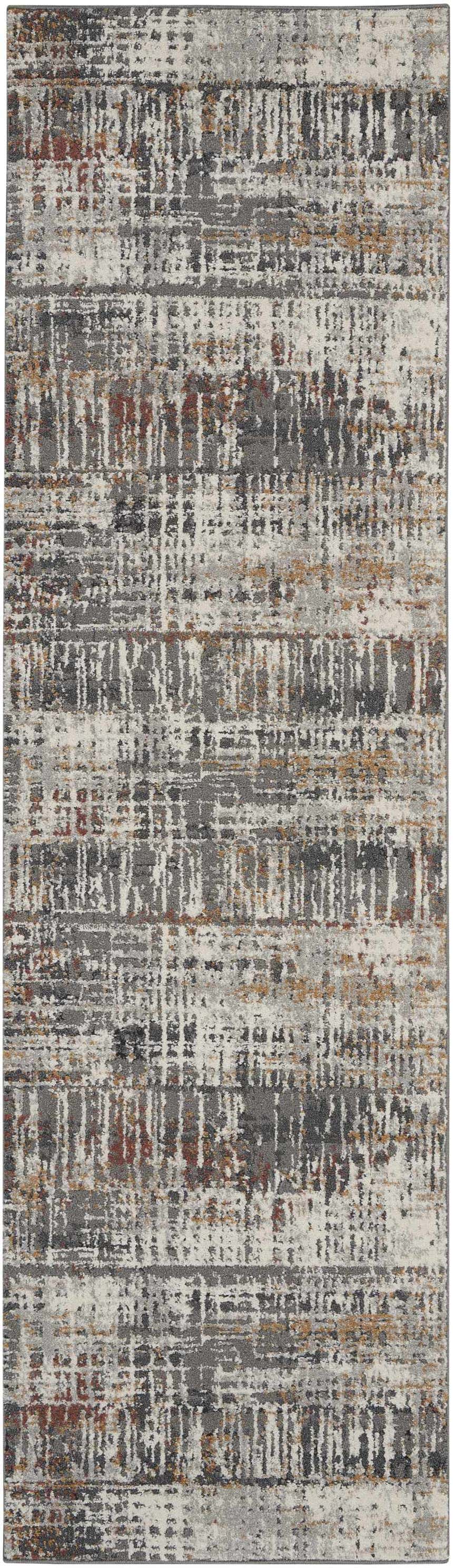 Close-up of the Nourison Tangra Multicolor rug showing its abstract, mid-century modern design and gray, white, and rust colors.