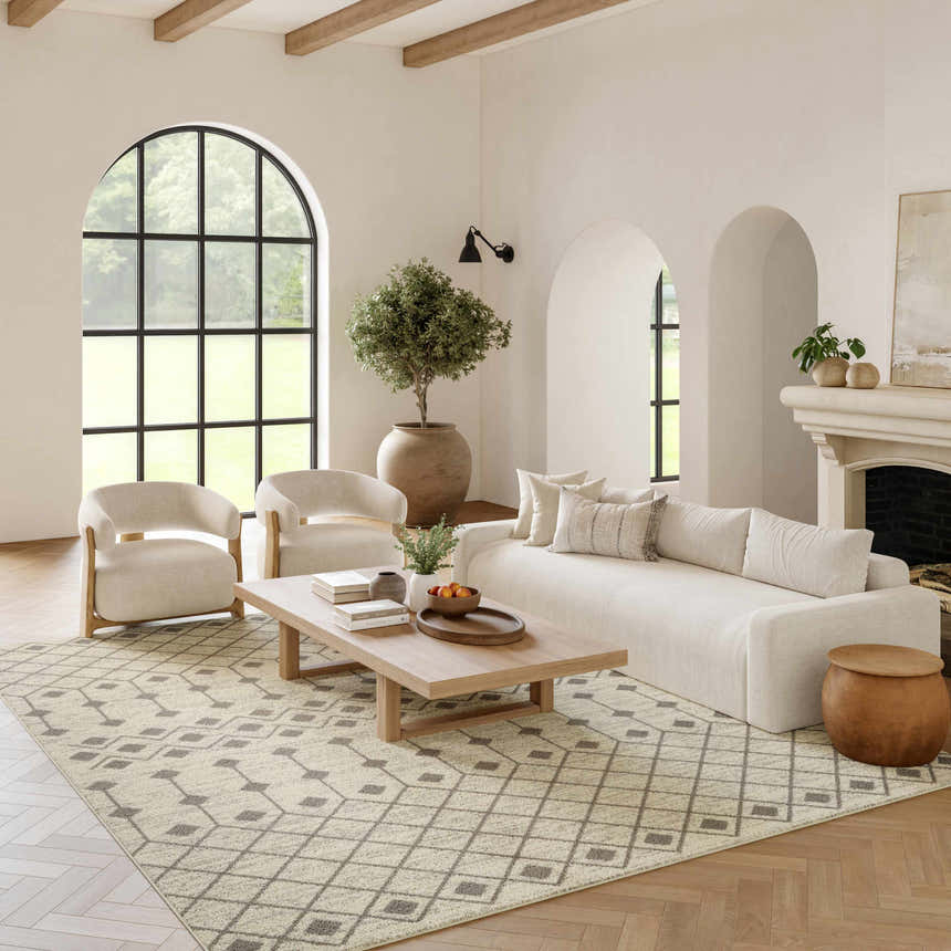 Living room with a Nourison Grafix Ivory/Grey rug, white sofa, arched windows, and light wood accents.