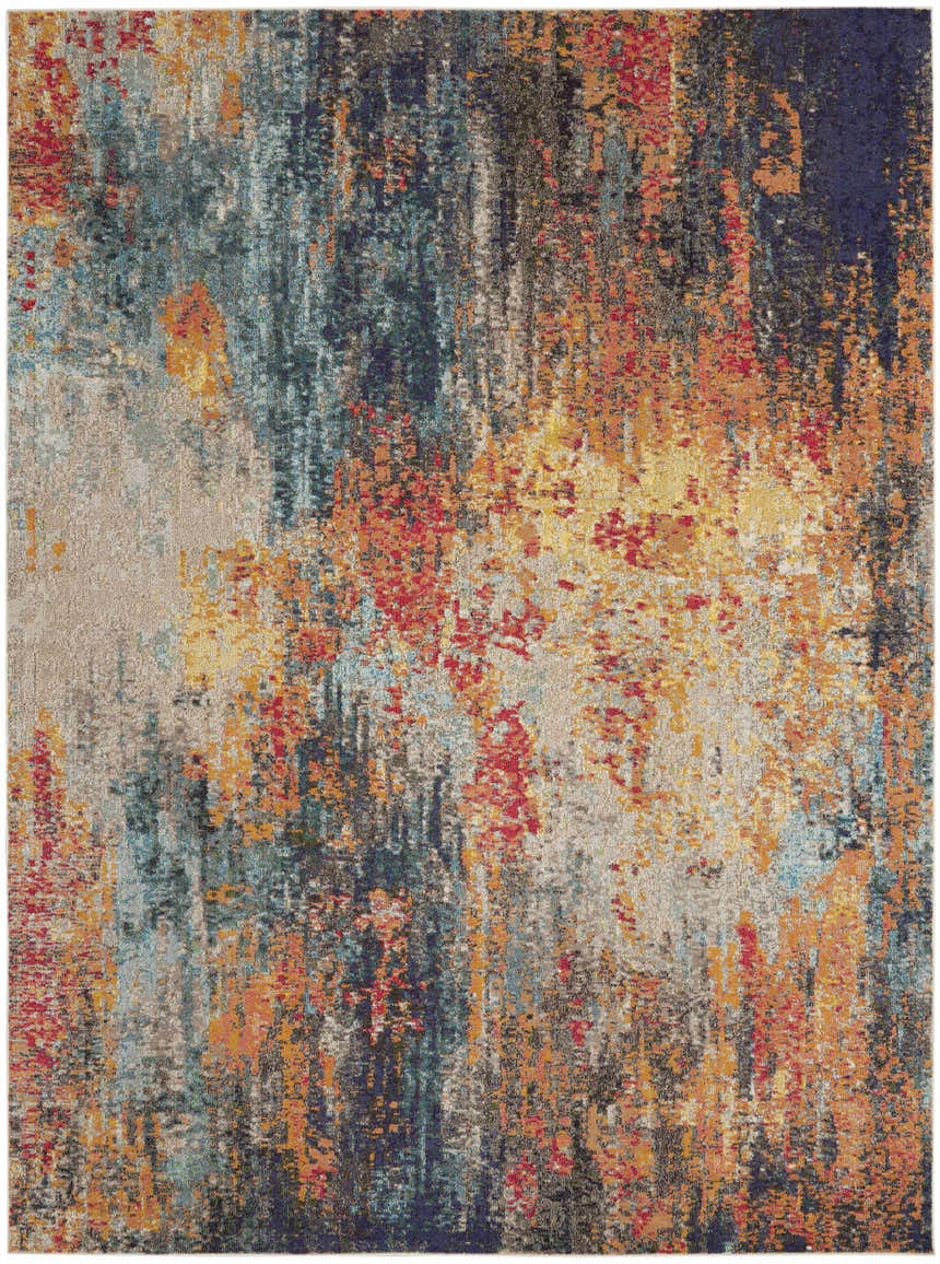 Abstract multicolor design of the Nourison Celestial area rug. Modern style with red, orange, blue, and beige tones.