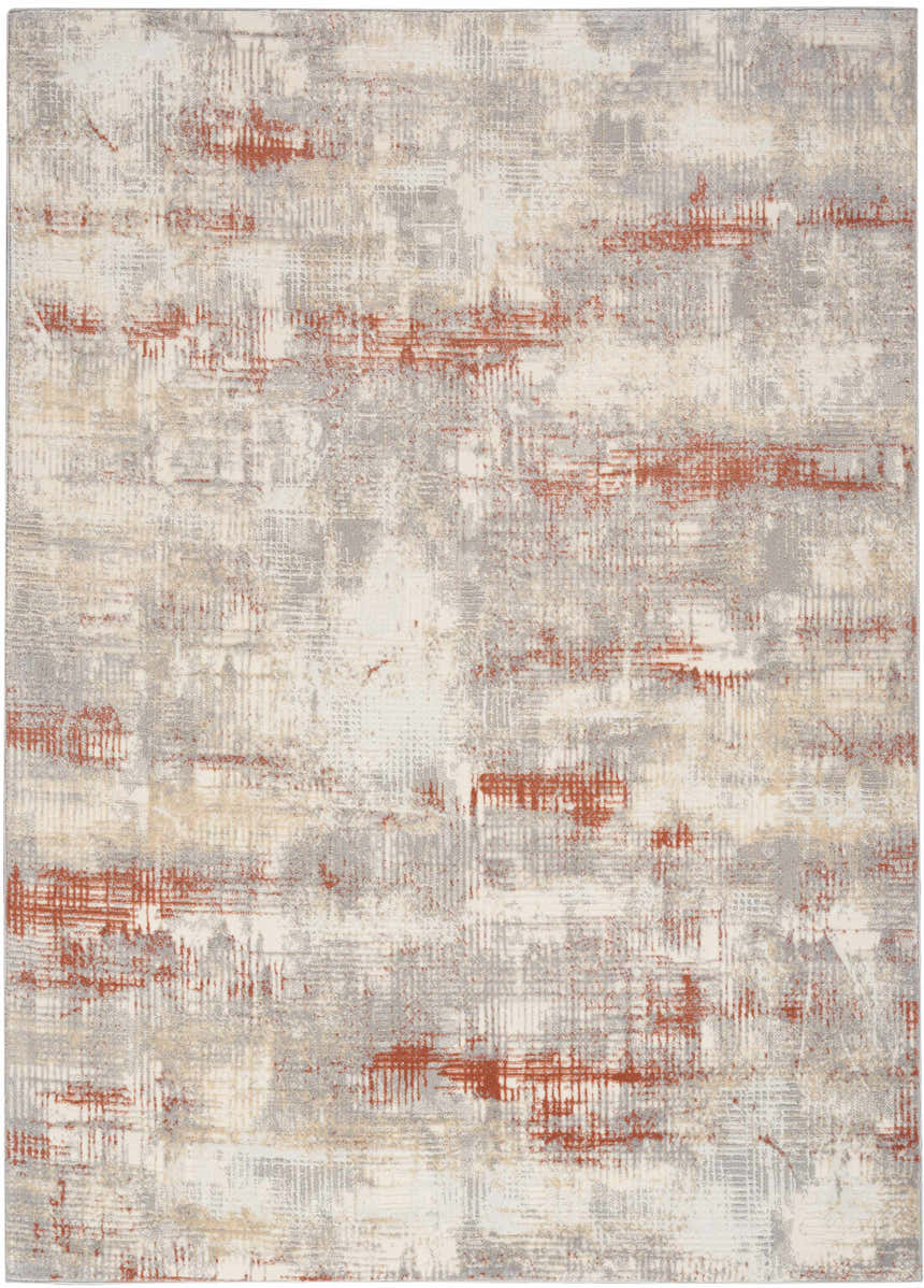 Close-up of Calvin Klein CK950 Rush Ivory Multicolor Rug. Abstract chestnut, gray, and ivory pattern. High pile texture.