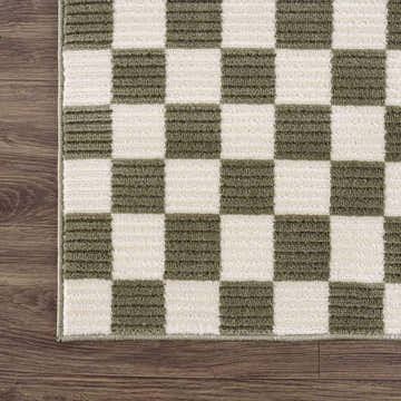 Kaysar Olive Green Checkered Washable Area Rug