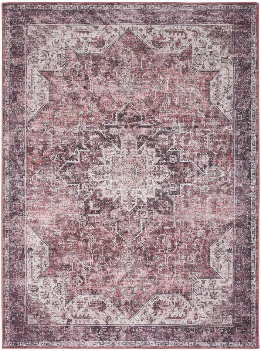Detailed Nourison Red Vintage Indoor Washable Area Rug with a faded, ornate medallion pattern and subtle color variations.