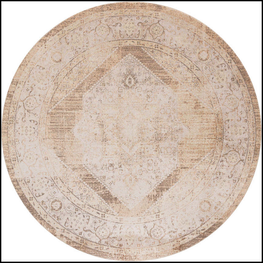 Close-up of a round Nourison Astra Beige Vintage rug. Machine-made with a distressed diamond pattern and floral accents.