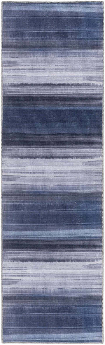 Close-up of the Calvin Klein Launder Navy Rug. Modern design with horizontal stripes in shades of blue and gray. Washable rug.
