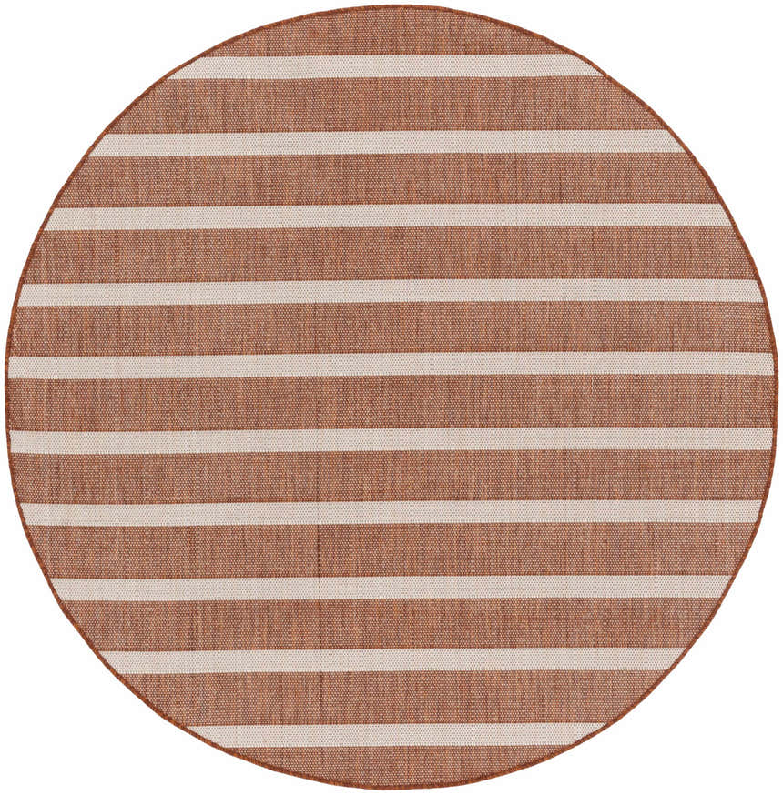 Round Nourison Positano Terracotta Ivory rug with chestnut brown and ivory stripes. Machine-made polypropylene rug.