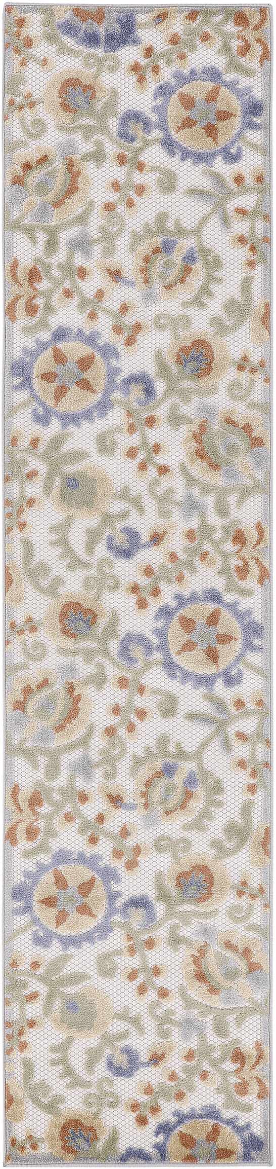 Close-up of Nourison Aloha Ivory Blue Outdoor Area Rug with floral pattern in chestnut, blue, and green hues.