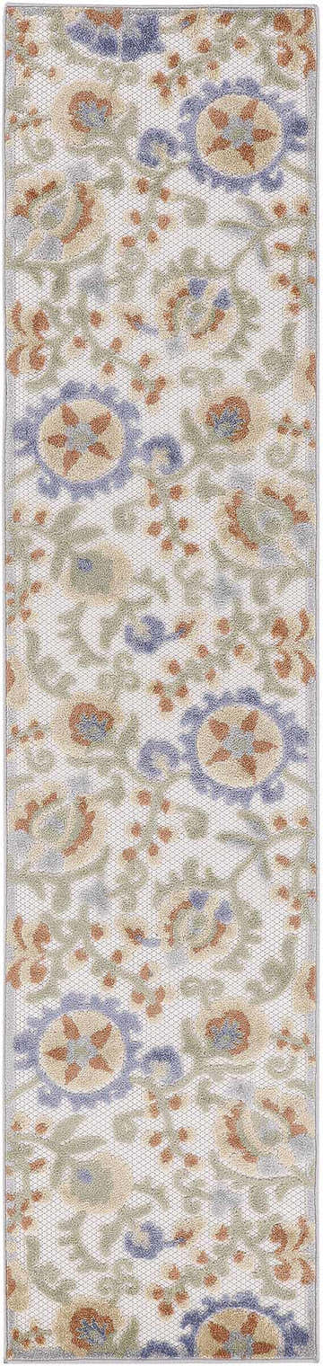 Close-up of Nourison Aloha Ivory Blue Outdoor Area Rug with floral pattern in chestnut, blue, and green hues.