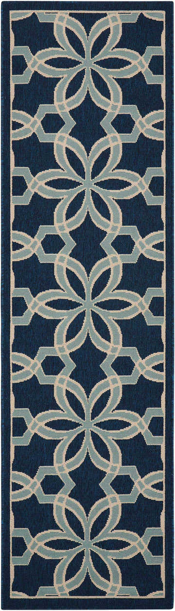 Close-up of Nourison Caribbean Navy Contemporary Area Rug with floral and geometric pattern.