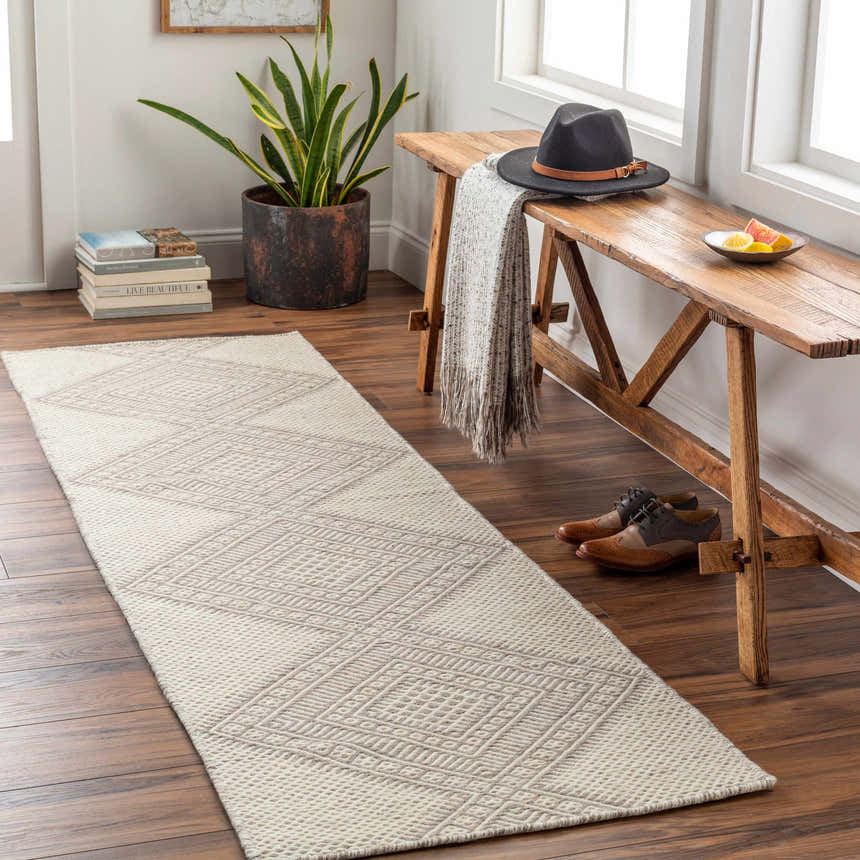 Entryway with a wooden bench and the Aanislag Cream Wool Runner on hardwood floors. Roomscene-Runner