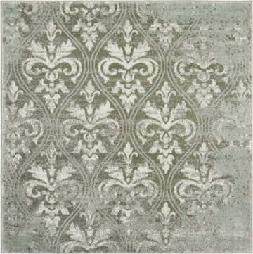 Close-up of the Nourison Euphoria Grey Vintage Area Rug, showcasing its intricate damask pattern and distressed texture.