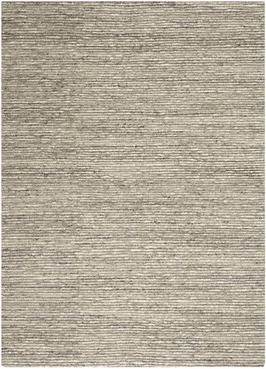 Close-up of the Calvin Klein Kathmandu Grey rug, showing its wool and jute texture and modern, horizontal stripe design.