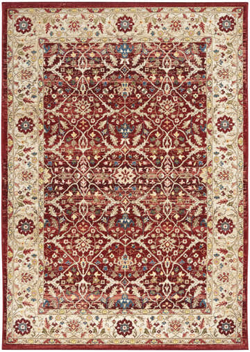 Close-up of the Nourison Karisma Brick Ivory rug, showcasing its farmhouse style floral pattern and chestnut red color.