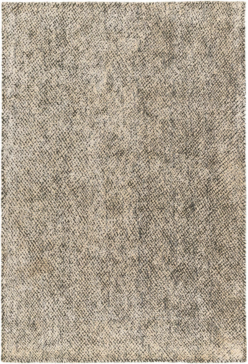 Close-up of the Abiba Area Rug. Beige and black wool and viscose rug with a contemporary, textured, hand-loomed design. Design-Rectangle-576