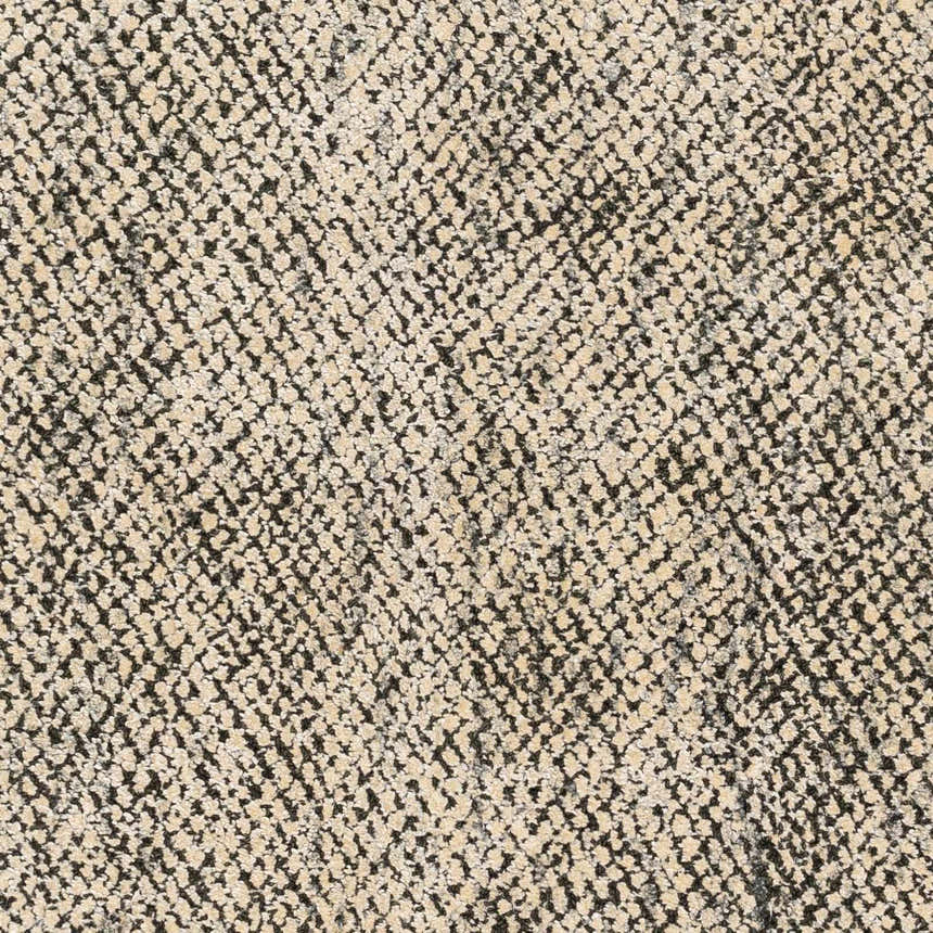 Close-up of the Abiba Area Rug showing its beige and black contemporary pattern and hand-loomed texture. Swatch
