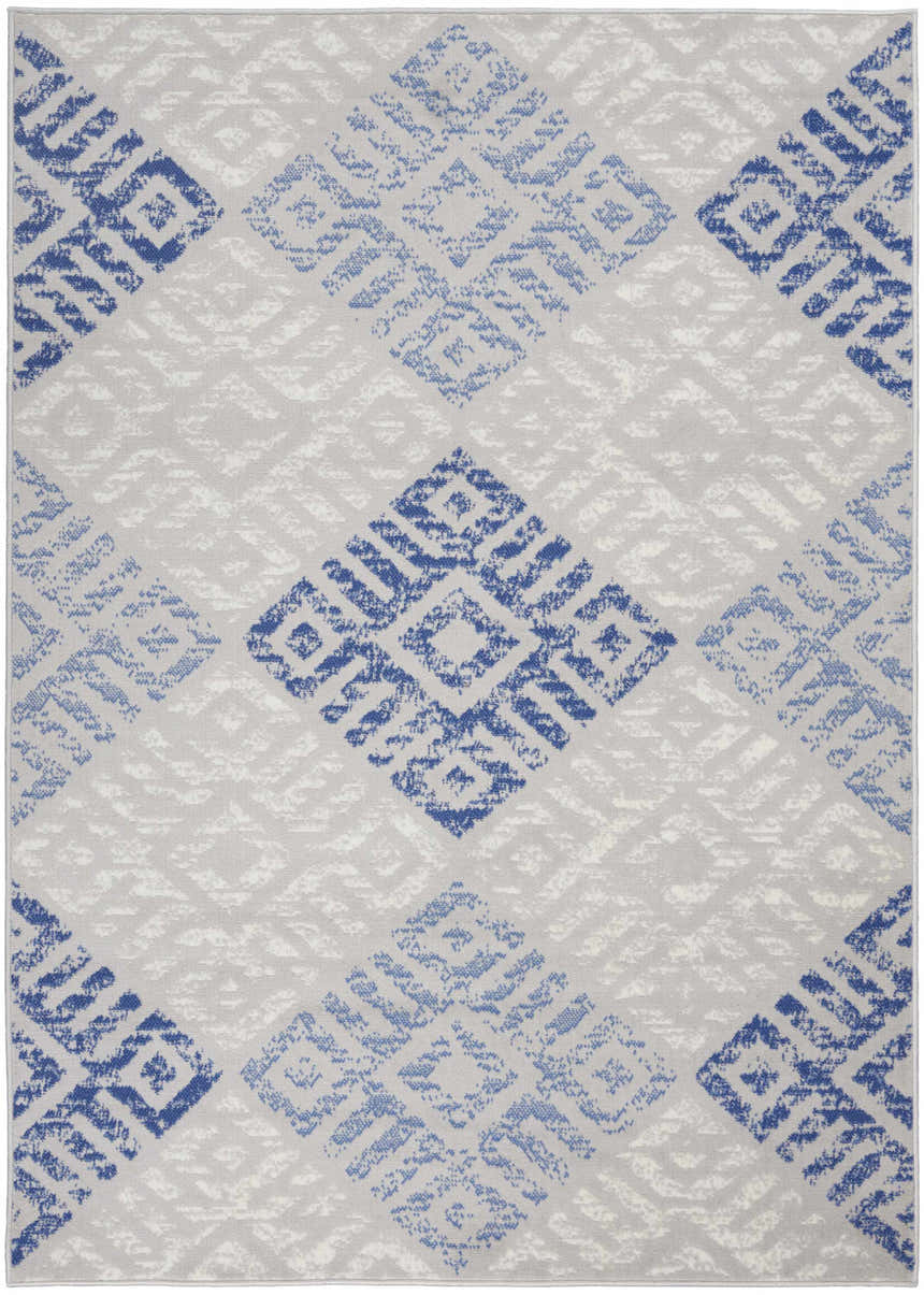 Close-up of Nourison Whimsicle Grey Blue Bohemian Area Rug with diamond pattern in shades of blue and gray.