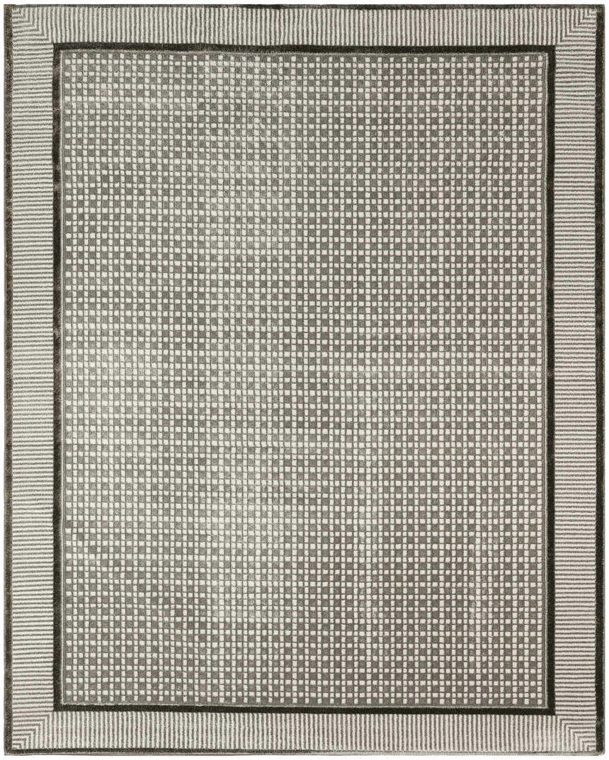 Close-up of the Nourison Nordic Ivory Grey rug, featuring a subtle grid pattern and striped border.