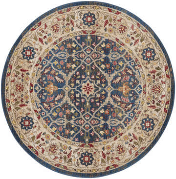 Round Nourison Karisma Blue Ivory rug with a farmhouse style floral medallion pattern and chestnut accents.