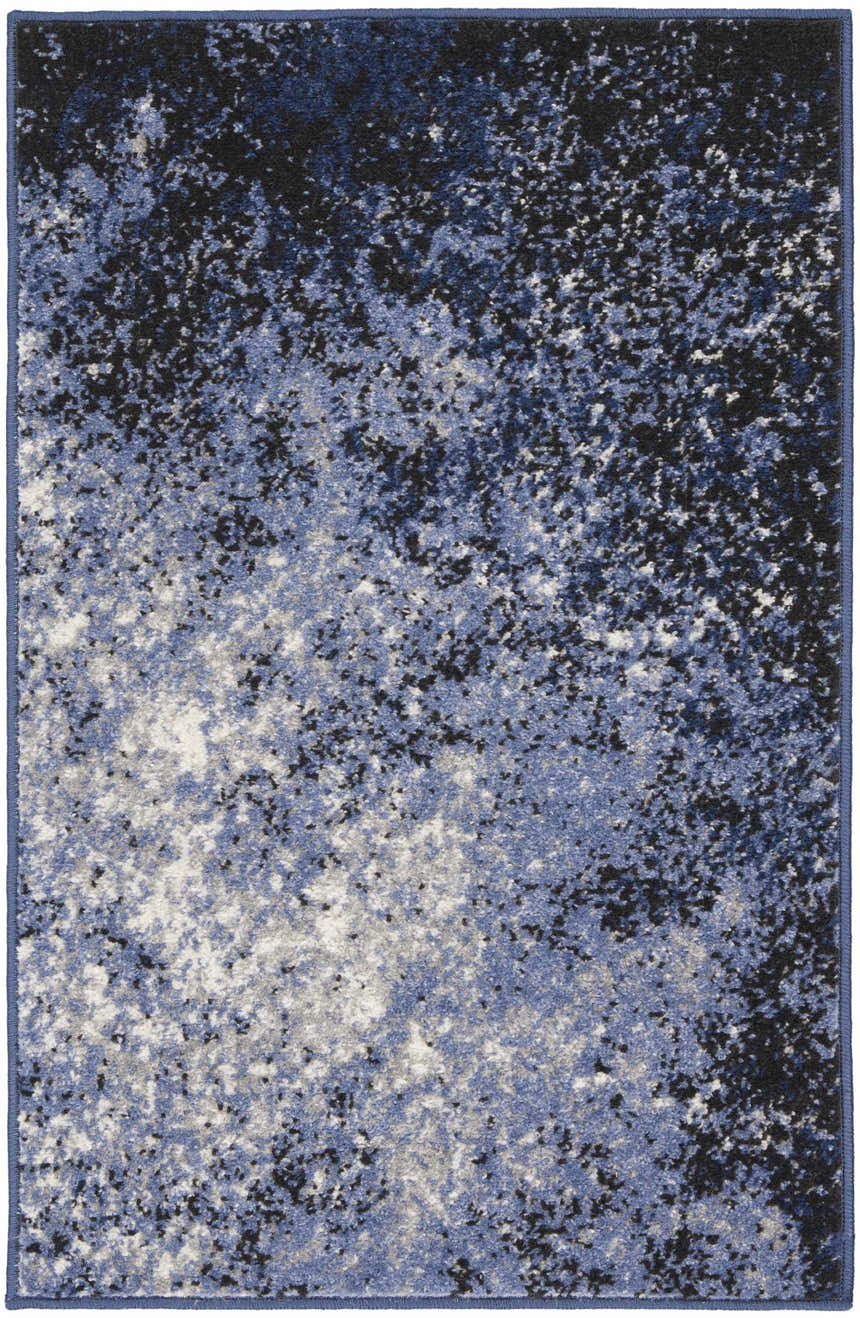 Close-up of Nourison Passion Light Blue Black area rug with a mottled, abstract pattern and a subtle blue border.