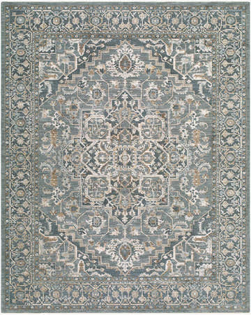 Close-up of the Yoyei Teal Medallion rug. Machine-woven polyester rug with a traditional medallion pattern in teal, gray, and taupe. Design-Rectangle-710102