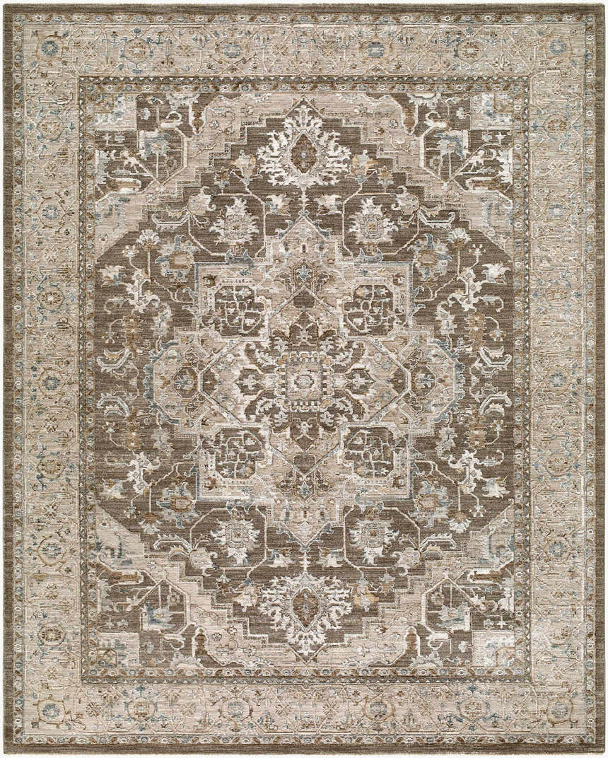 Detailed texture of the Dozea Taupe Medallion area rug with charcoal, gray, olive, and taupe colors. Design-Rectangle-710102