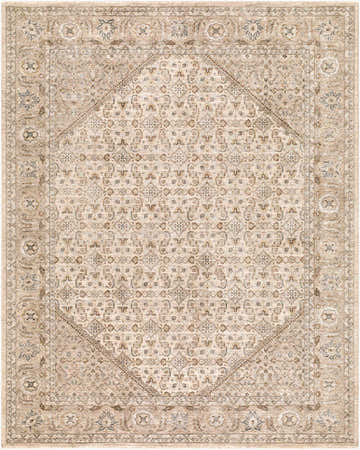 Somei Light Gray Medallion Rug: Machine-woven polyester with traditional floral pattern in light gray, taupe, and olive tones. Design-Rectangle-710102