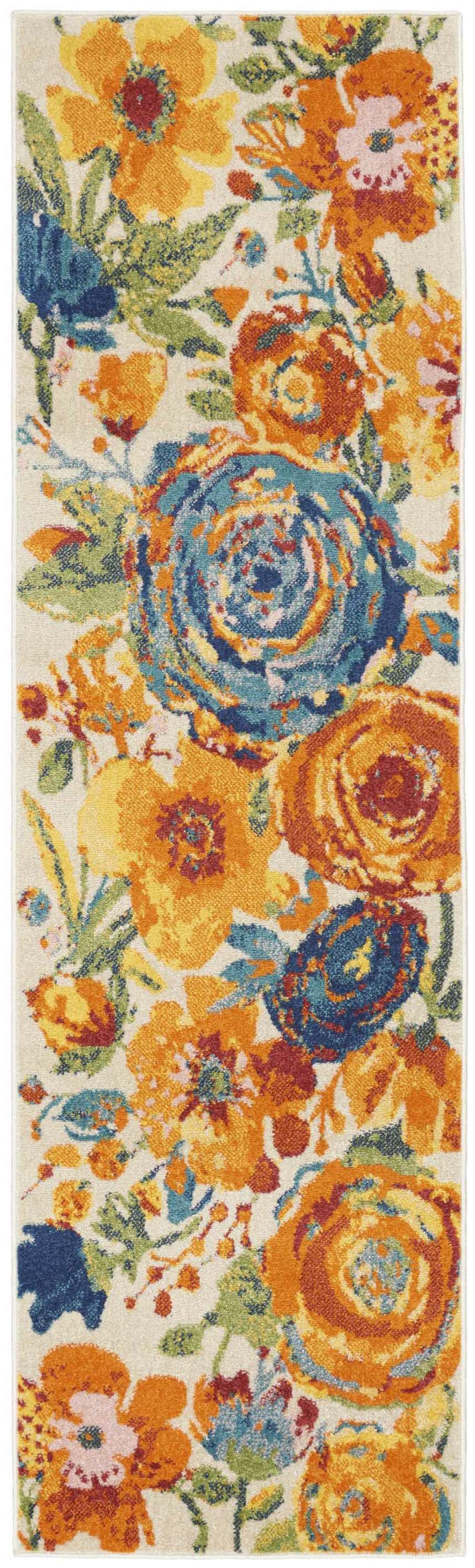 Close-up of the Nourison Allur Ivory Multicolor rug, featuring a bright floral design in orange, blue, and green.