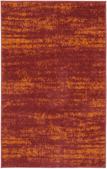 Close-up of the Nourison Essentials Red Modern Area Rug featuring a textured, distressed orange pattern on a deep red base.